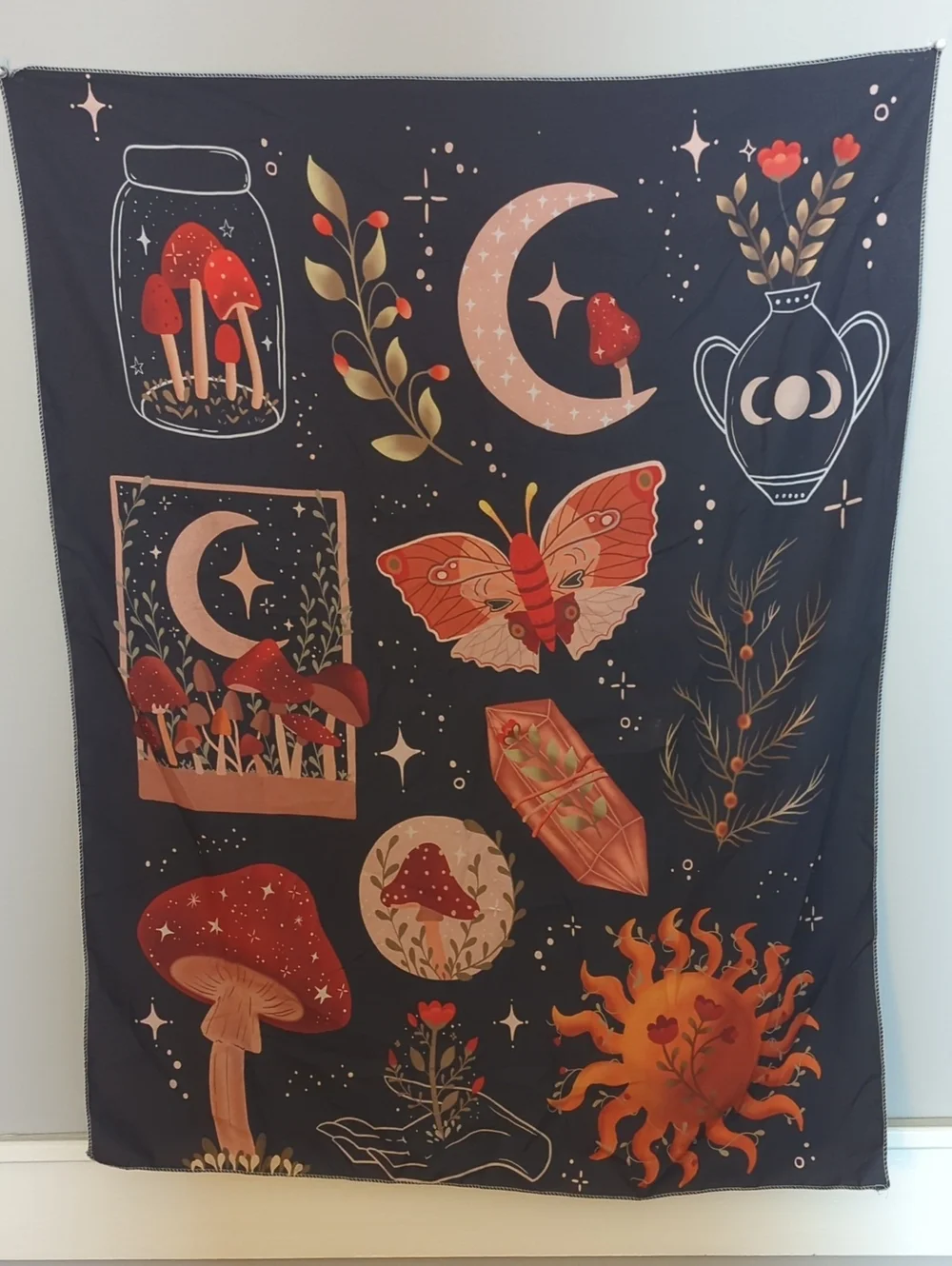 Boho Black Tapestry Wall Hanging with Red & Orange Mushroom Motifs